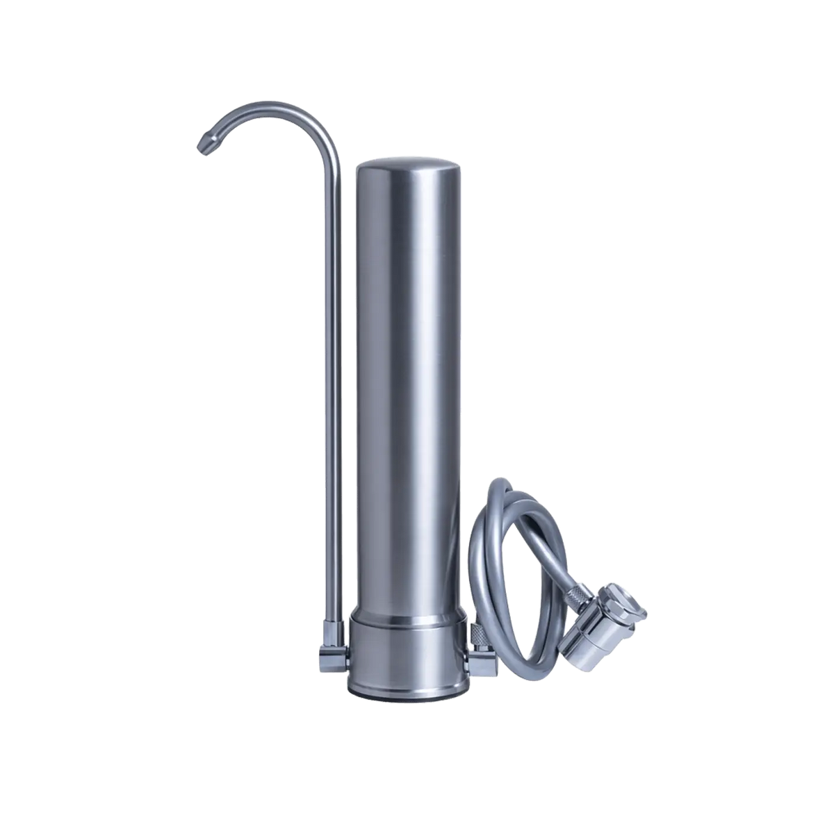 Pure Filters Flow Tap: stainless steel countertop water filter and its hose